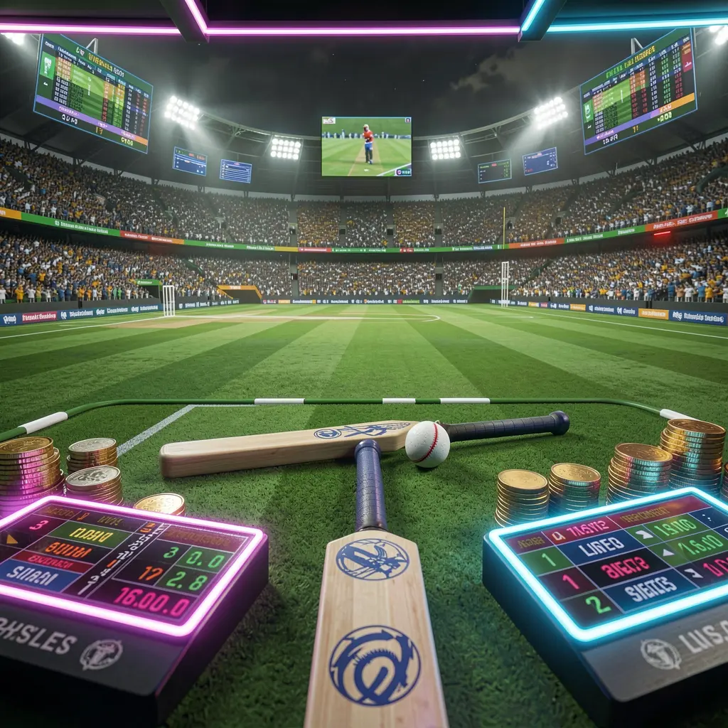 RM6666 cricket sportsbook scene with a packed cricket stadium, green field, bat and ball, digital live odds panels, coins, and neon lighting in a cinematic 3D render