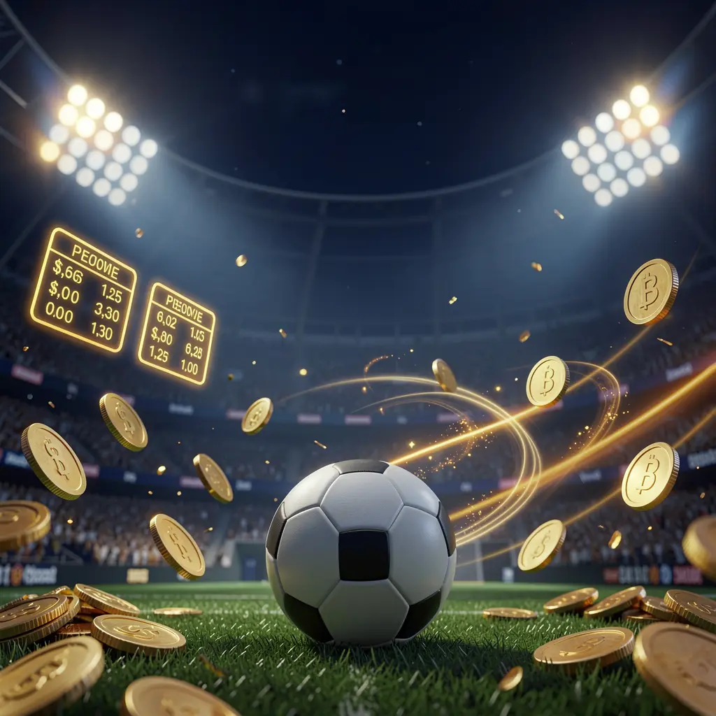 RM6666 sports betting hero banner featuring a football stadium at night with bright floodlights, a soccer ball on green grass, glowing odds panels, golden coins, and dynamic light trails in a premium dark blue and gold cinematic 3D render