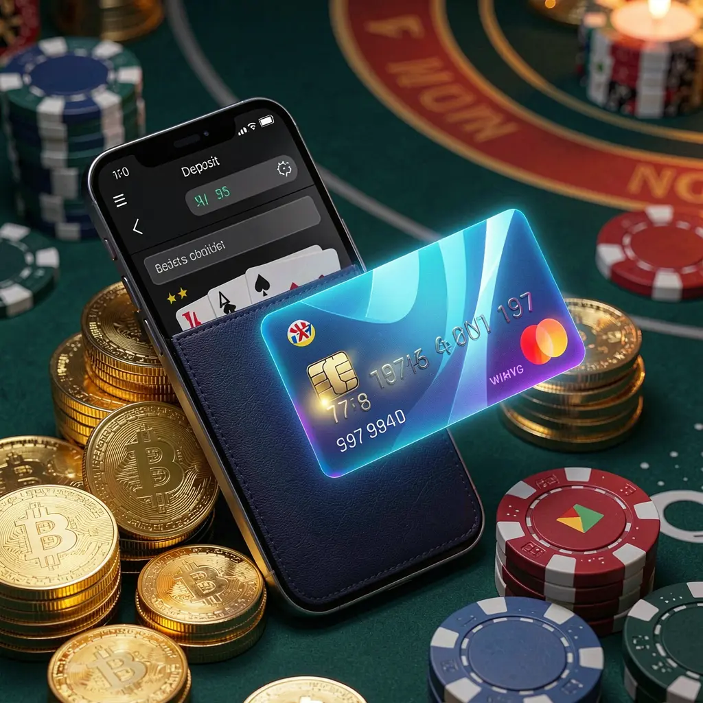 RM6666 deposit bonus concept featuring a smartphone wallet with a glowing payment card, surrounded by golden coins and poker chips in a modern mobile casino style RM6666 deposit bonus concept featuring a smartphone wallet with a glowing payment card, surrounded by golden coins and poker chips in a modern mobile casino style