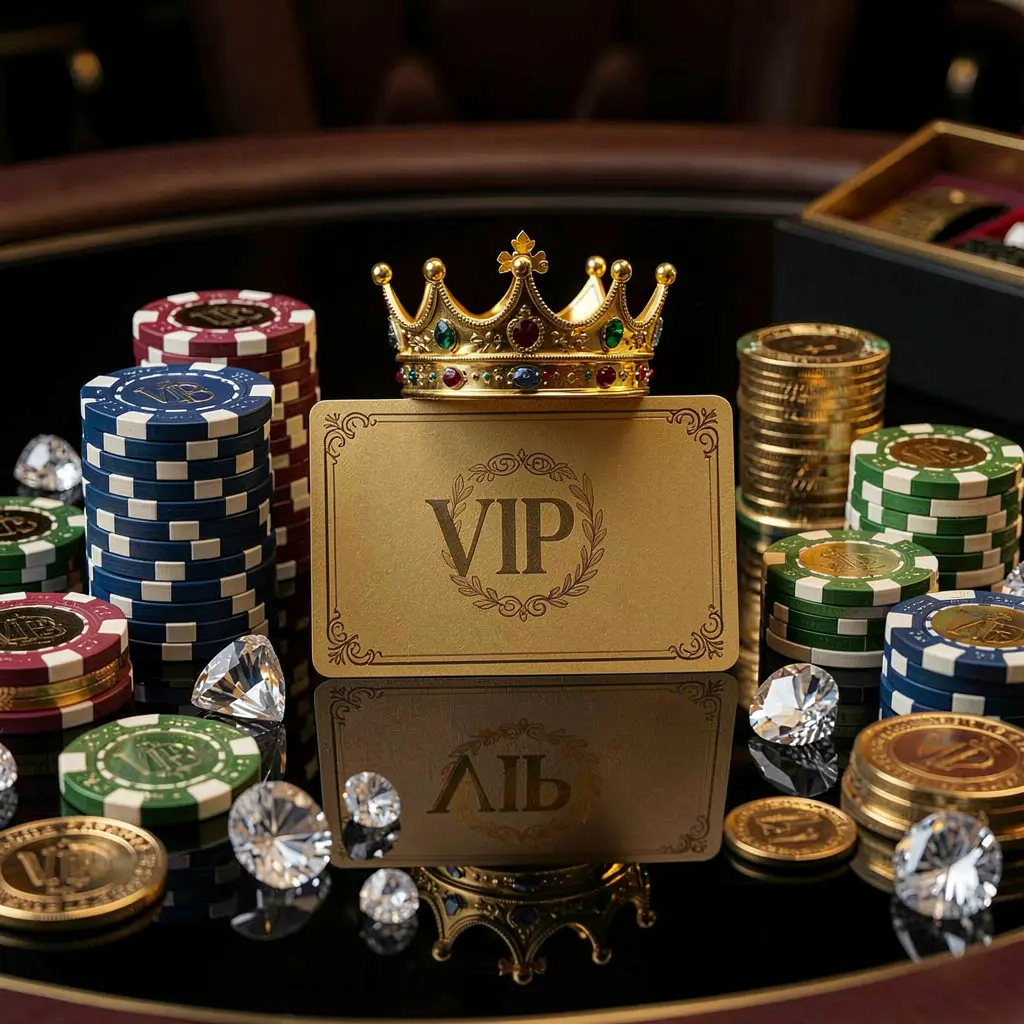 RM6666 VIP casino bonus concept featuring a golden crown, luxury membership card, poker chips, diamonds, and coins arranged on a glossy black table in an elegant premium style RM6666 VIP casino bonus concept featuring a golden crown, luxury membership card, poker chips, diamonds, and coins arranged on a glossy black table in an elegant premium style