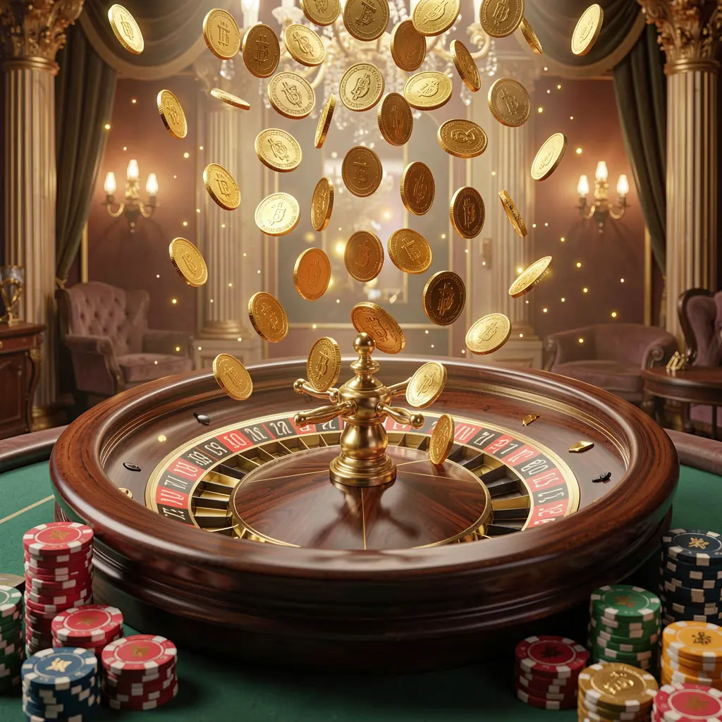 RM6666 premium online casino banner featuring golden coins raining over a roulette wheel and poker chips with a glowing luxury background in a dynamic, realistic 3D render RM6666 premium online casino banner featuring golden coins raining over a roulette wheel and poker chips with a glowing luxury background in a dynamic, realistic 3D render