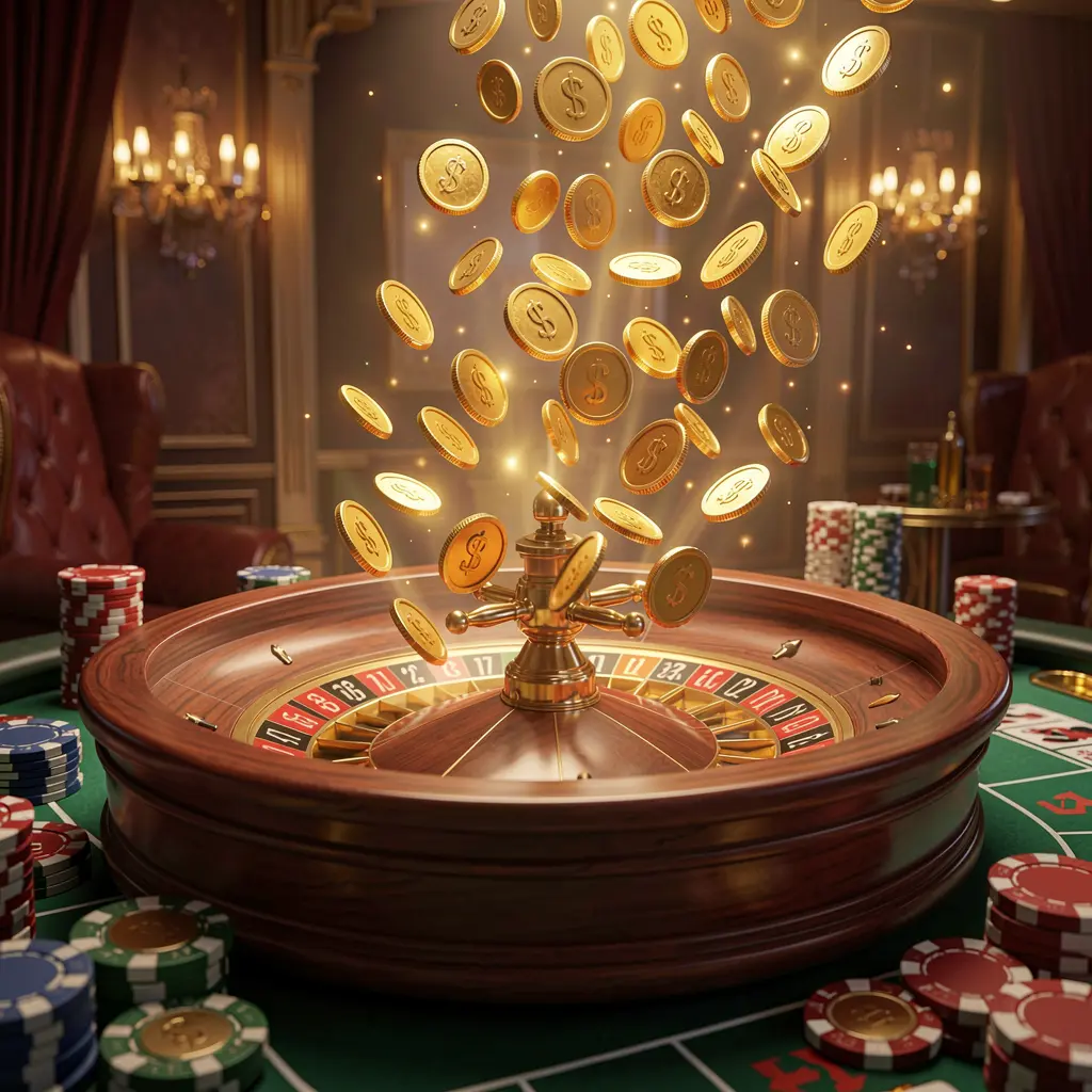 RM6666 premium online casino banner with golden coins raining over a roulette wheel and poker chips against a glowing luxury background in a dynamic 3D render RM6666 premium online casino banner with golden coins raining over a roulette wheel and poker chips against a glowing luxury background in a dynamic 3D render