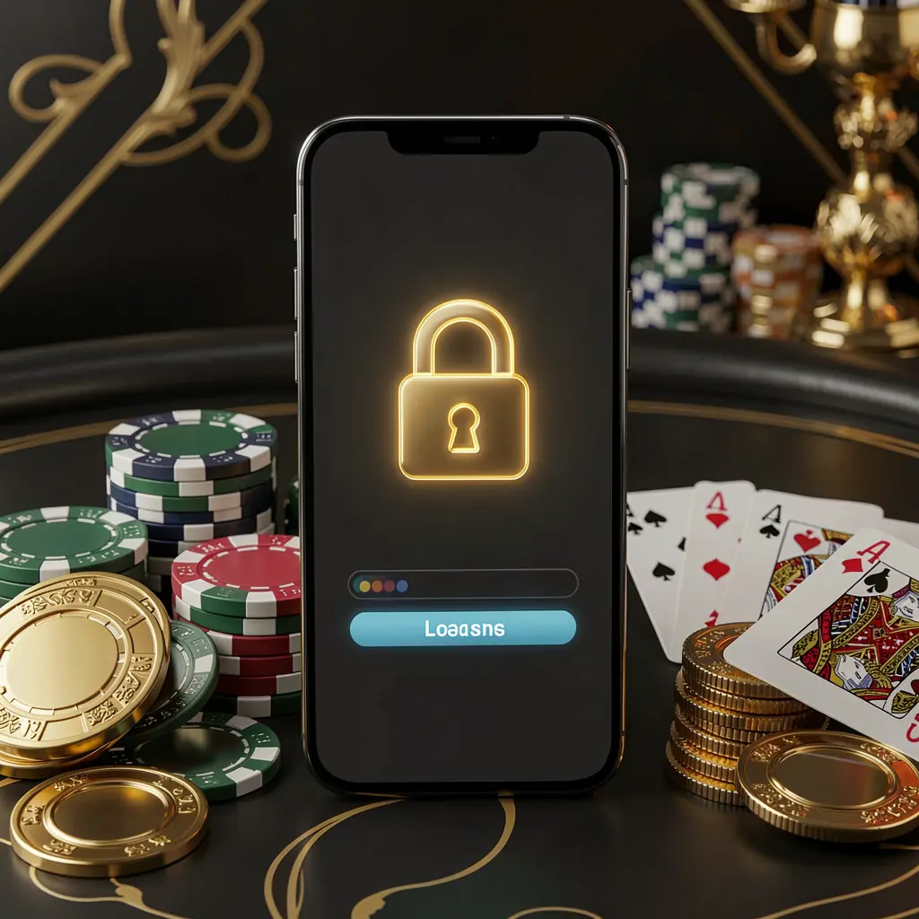 RM6666 secure casino account login concept with glowing lock icon on smartphone screen surrounded by poker chips, playing cards, and golden coins on an elegant black and gold background RM6666 secure casino account login concept with glowing lock icon on smartphone screen surrounded by poker chips, playing cards, and golden coins on an elegant black and gold background