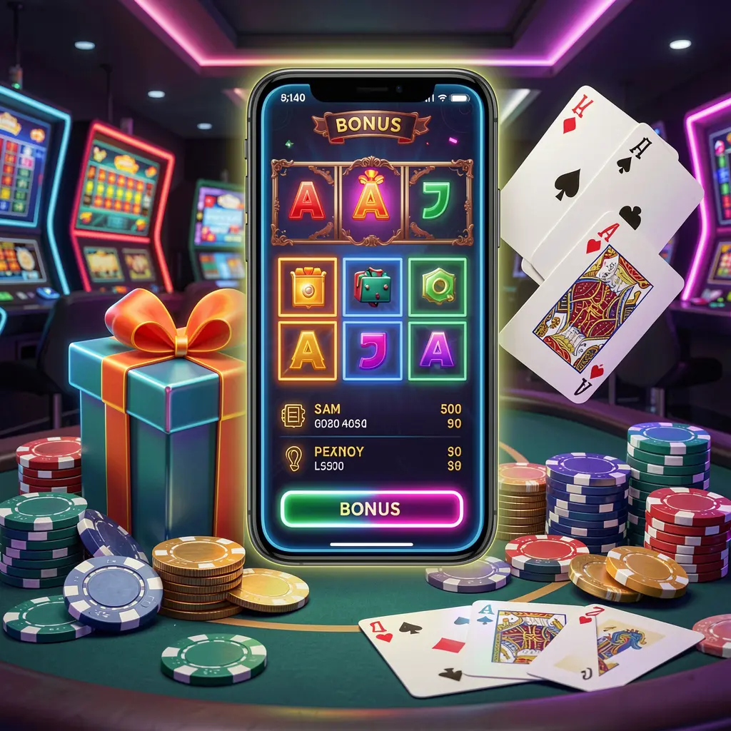Modern casino website hero scene featuring a smartphone with a glowing interface surrounded by bonus gift box, chips, coins, and playing cards in a premium neon casino style, showcasing RM6666 brand Modern casino website hero scene featuring a smartphone with a glowing interface surrounded by bonus gift box, chips, coins, and playing cards in a premium neon casino style, showcasing RM6666 brand